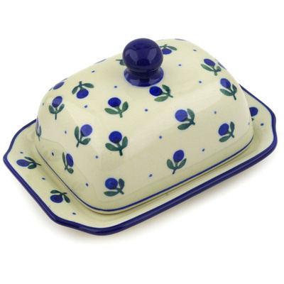 Polish Pottery Butter Dish 6&quot; Blue Buds