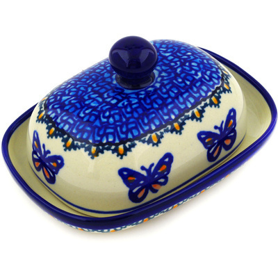 Polish Pottery Butter Dish 6&quot; Blue Butterflies