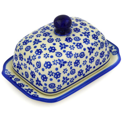 Polish Pottery Butter Dish 6&quot; Blue Confetti