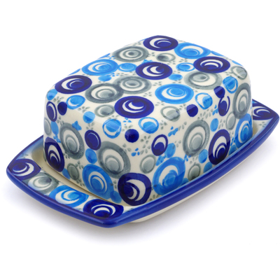 Polish Pottery Butter Dish 6&quot; Blue Peacock Eye