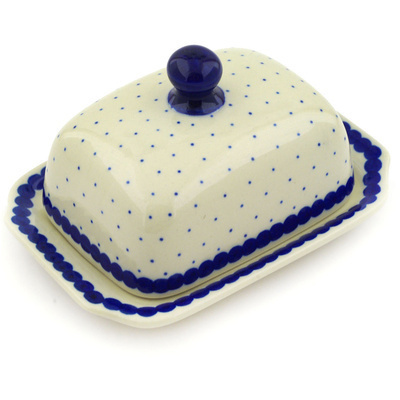 Polish Pottery Butter Dish 6&quot; Blue Polka Dot