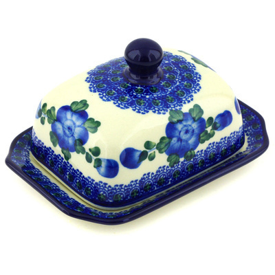 Polish Pottery Butter Dish 6&quot; Blue Poppies