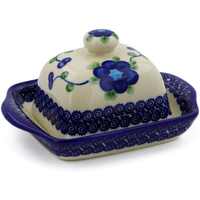 Polish Pottery Butter Dish 6&quot; Blue Poppies