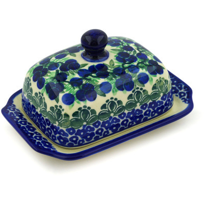 Polish Pottery Butter Dish 6&quot; Blueberry Fields Forever