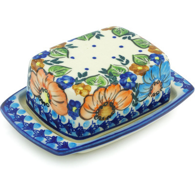Polish Pottery Butter Dish 6&quot; Bold Poppies