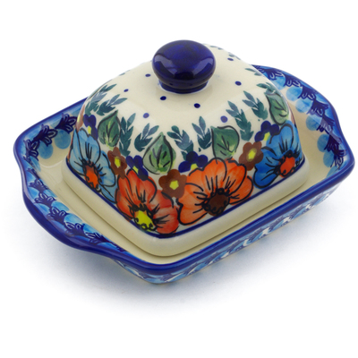 Polish Pottery Butter Dish 6&quot; Bold Poppies UNIKAT