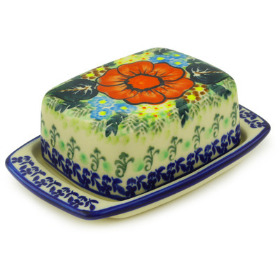 Polish Pottery Butter Dish 6&quot; Bold Red Poppies UNIKAT