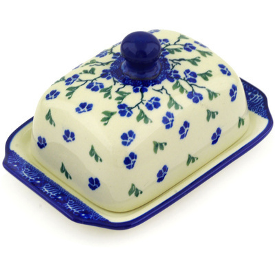 Polish Pottery Butter Dish 6&quot; Cascading Blue Blossoms