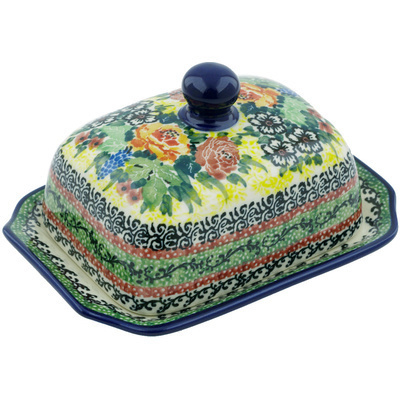 Polish Pottery Butter Dish 6&quot; Copper Rose Meadow UNIKAT