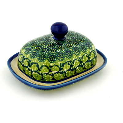 Polish Pottery Butter Dish 6&quot; Emerald Forest