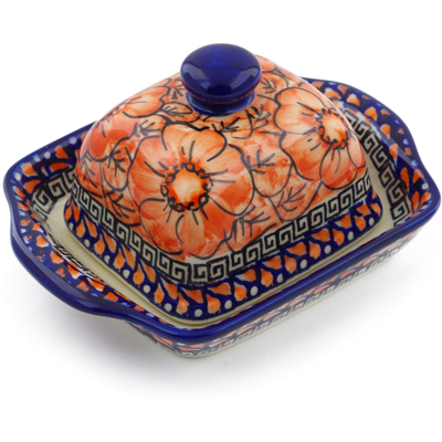 Polish Pottery Butter Dish 6&quot; Fire Poppies UNIKAT