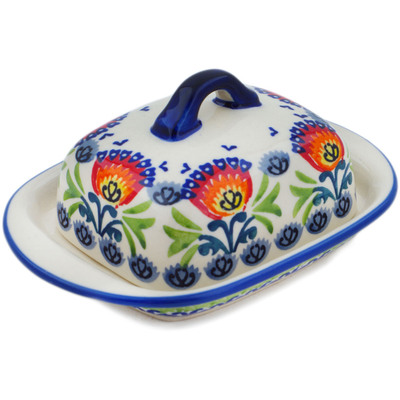 Polish Pottery Butter Dish 6&quot; Flower Flames UNIKAT