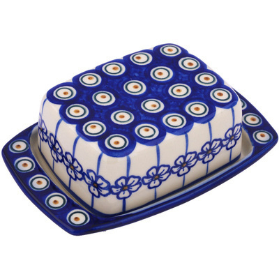 Polish Pottery Butter Dish 6&quot; Flowering Peacock