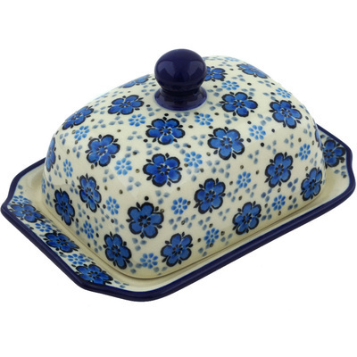 Polish Pottery Butter Dish 6&quot; Flowing Blues