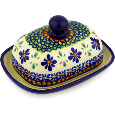Polish Pottery Butter Dish 6&quot; Gingham Flowers