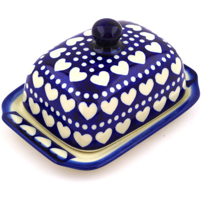 Polish Pottery Butter Dish 6&quot; Heart To Heart