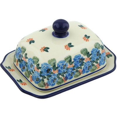 Polish Pottery Butter Dish 6&quot; Indigo Roses