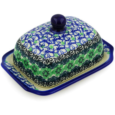 Polish Pottery Butter Dish 6&quot; Kiwi Flower