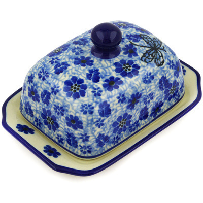 Polish Pottery Butter Dish 6&quot; Misty Dragonfly