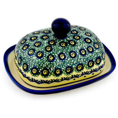 Polish Pottery Butter Dish 6&quot; Peacock Bumble Bee