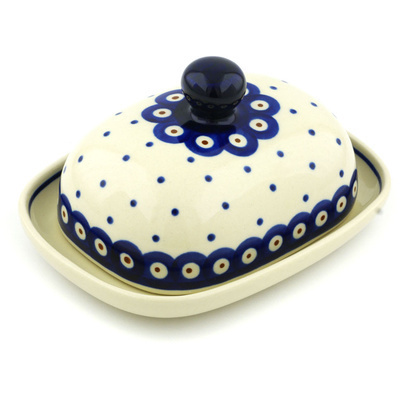 Polish Pottery Butter Dish 6&quot; Peacock Dots