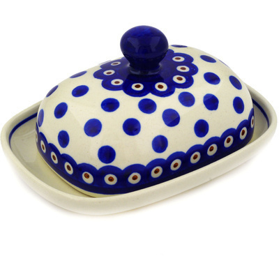Polish Pottery Butter Dish 6&quot; Peacock Dots
