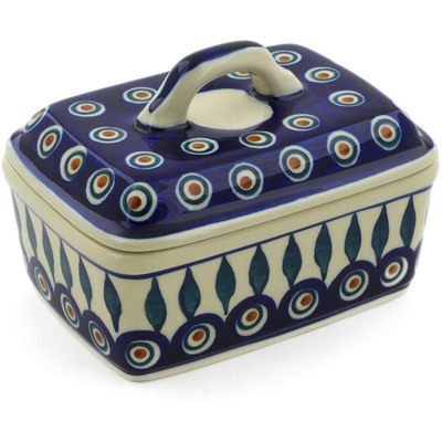 Polish Pottery Butter Dish 6&quot; Peacock