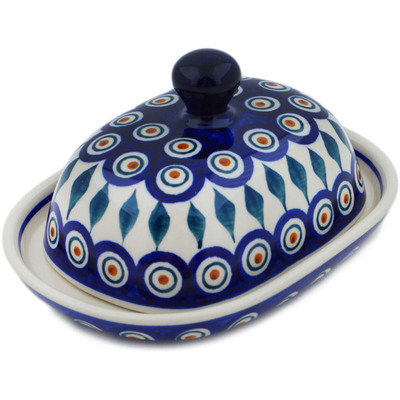 Polish Pottery Butter Dish 6&quot; Peacock Leaves