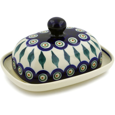 Polish Pottery Butter Dish 6&quot; Peacock Leaves