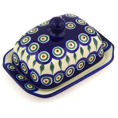 Polish Pottery Butter Dish 6&quot; Peacock Leaves