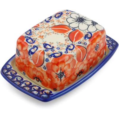 Polish Pottery Butter Dish 6&quot; Poppy Passion