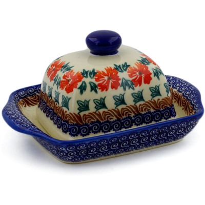 Polish Pottery Butter Dish 6&quot; Red Cornflower