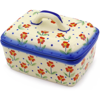 Polish Pottery Butter Dish 6&quot; Red Primrose