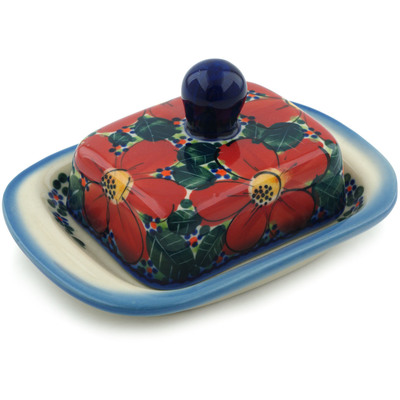 Polish Pottery Butter Dish 6&quot; Red Wildflower UNIKAT