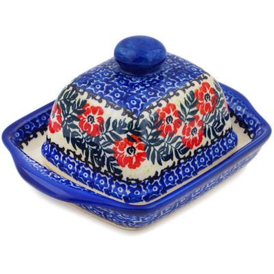 Polish Pottery Butter Dish 6&quot; Red Wreath
