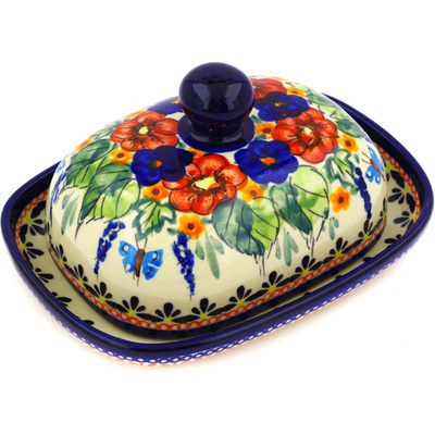 Polish Pottery Butter Dish 6&quot; Spring Splendor UNIKAT