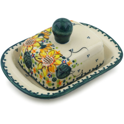 Polish Pottery Butter Dish 6&quot; Sunflower UNIKAT