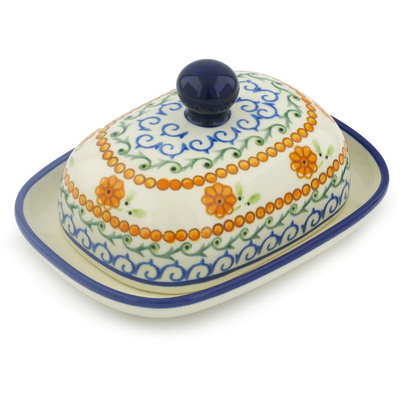 Polish Pottery Butter Dish 6&quot; Sunflower Waves