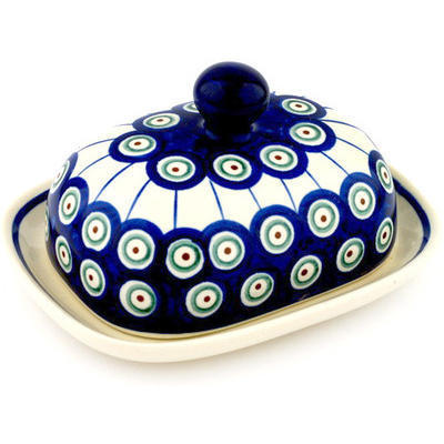 Polish Pottery Butter Dish 6&quot; Traditional Peacock