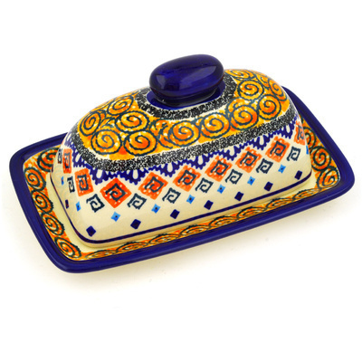 Polish Pottery Butter Dish 7&quot; Aztec Swirls UNIKAT