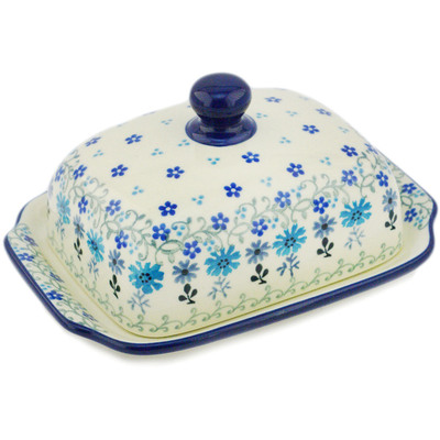 Polish Pottery Butter Dish 7&quot; Baby Blue Garden