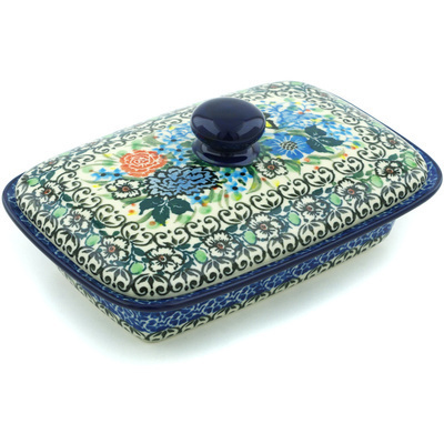 Polish Pottery Butter Dish 7&quot; Baby&#039;s Breath Butterfly UNIKAT