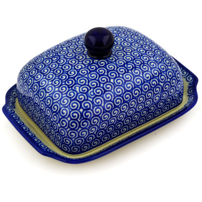 Polish Pottery Butter Dish 7&quot; Baltic Blue