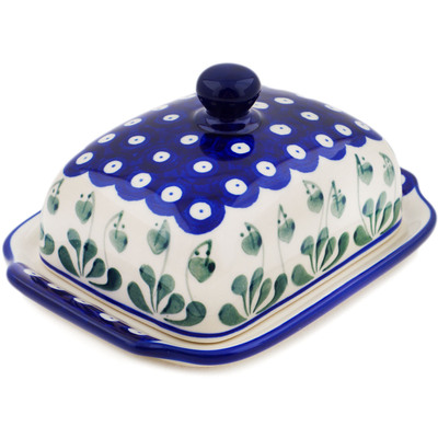 Polish Pottery Butter Dish 7&quot; Bleeding Heart Peacock