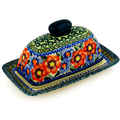 Polish Pottery Butter Dish 7&quot; Blue And Red Poppies UNIKAT