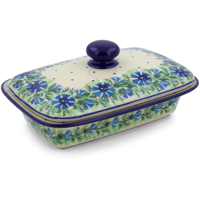 Polish Pottery Butter Dish 7&quot; Blue Bell Wreath