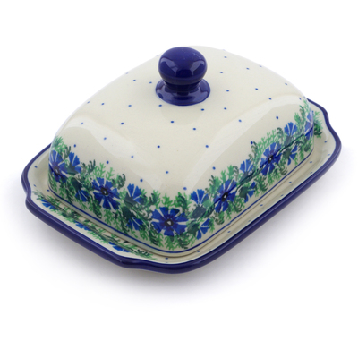 Polish Pottery Butter Dish 7&quot; Blue Bell Wreath