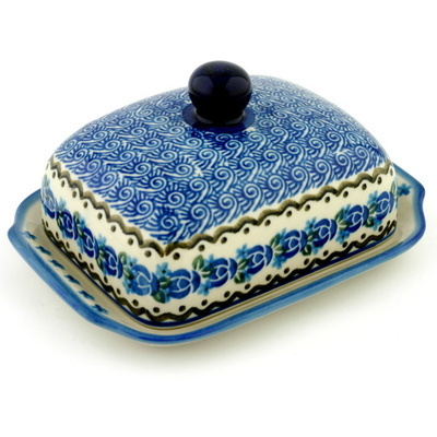 Polish Pottery Butter Dish 7&quot; Blue Bud Sea
