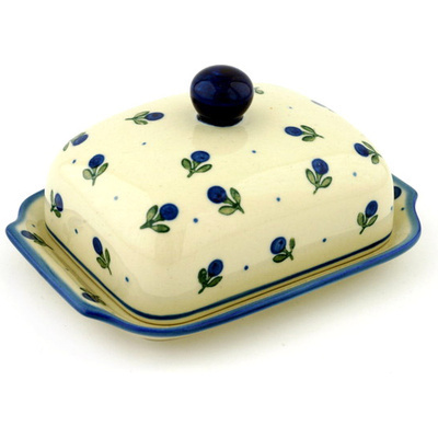 Polish Pottery Butter Dish 7&quot; Blue Buds