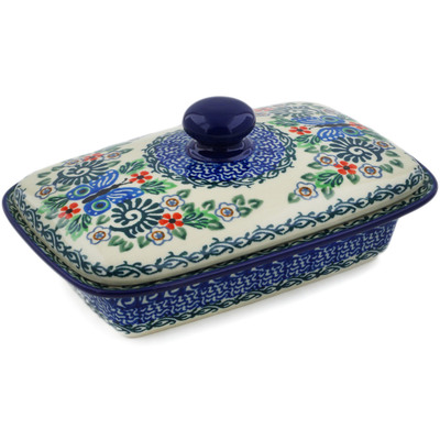 Polish Pottery Butter Dish 7&quot; Blue Butterfly Brigade UNIKAT